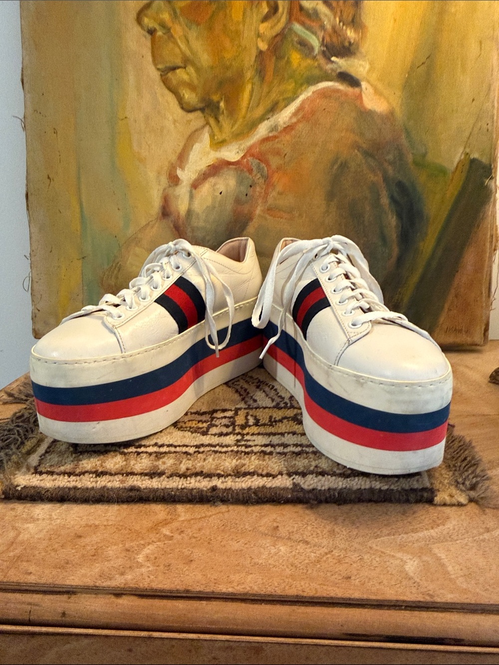 Gucci DAMAGED White Platform Sneakers with Red and Blue Stripe Accents - SZ 38